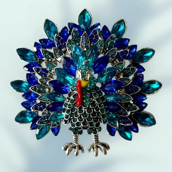 Jewelry - Turkey Brooch Pin in Blue - Elegant Rhinestone